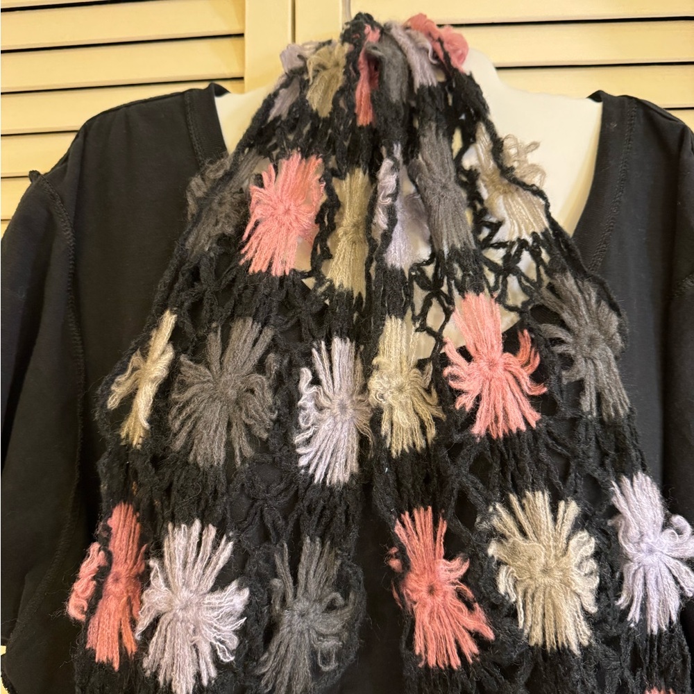 Floral Crochet Scarf in Black and Pastel Colors